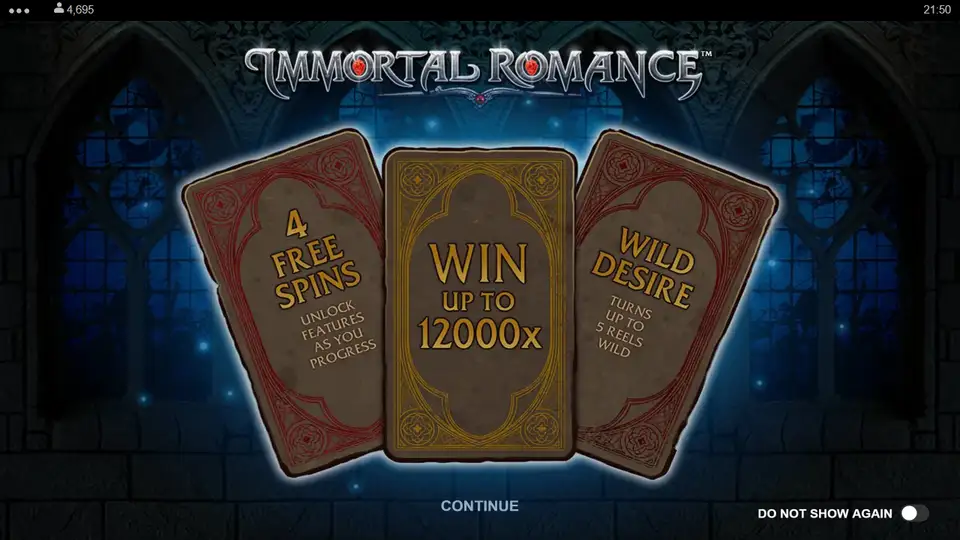 Immortal Romance demo intro screen: 4 free spins bonuses, win up to 12,000×, Wild Desire, our screenshot