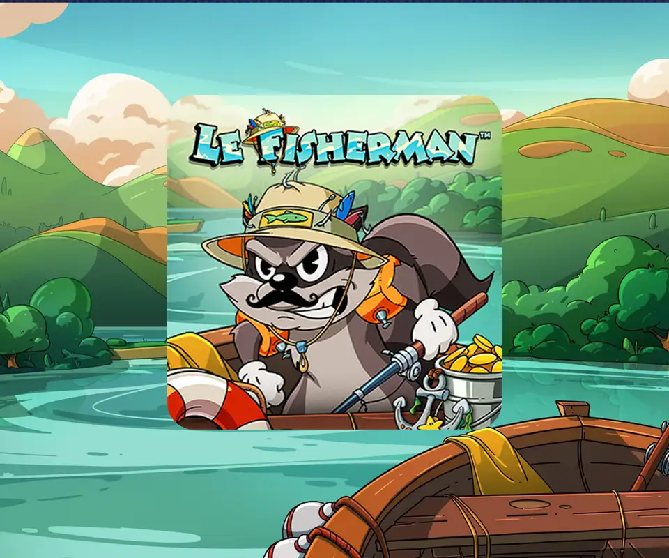 Le Fisherman by Hacksaw Gaming: the raccoon angler in a fishing hat, on the lake from the game
